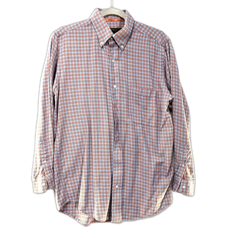Bobby Jones Orange Blue Plaid Button Down Shirt S 14-14.5 Woven in Italy